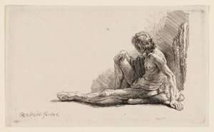 Uomo nudo seduto a terra con una gamba estesa da Rembrandt van Rijn
