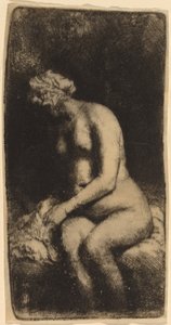 Nudo seduto su una panca con un cuscino (Donna che si lava i piedi a un ruscello) da Rembrandt van Rijn