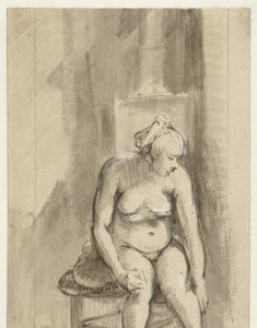 Donna nuda seduta vicino a una stufa da Rembrandt van Rijn