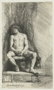 Giovane uomo nudo, seduto davanti a una tenda da Rembrandt van Rijn