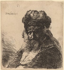Vecchio barbuto con un alto cappello di pelliccia, con gli occhi chiusi da Rembrandt van Rijn