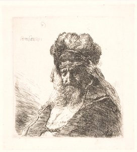 Vecchio barbuto con un alto cappello di pelliccia, con gli occhi chiusi da Rembrandt van Rijn