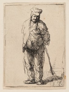 Contadino stracciato con le mani dietro la schiena, che tiene un bastone da Rembrandt van Rijn