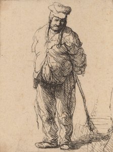 Contadino stracciato con le mani dietro la schiena, che tiene un bastone da Rembrandt van Rijn