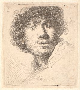 Rembrandt con un berretto, bocca aperta e sguardo fisso: busto in contorno da Rembrandt van Rijn