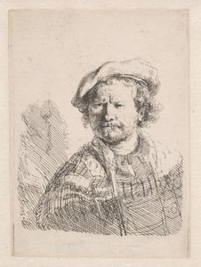 Rembrandt con un berretto piatto e uno scialle sulle spalle da Rembrandt van Rijn