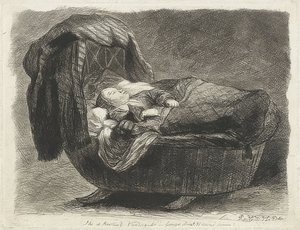 Bambino che dorme in una culla da Rembrandt van Rijn