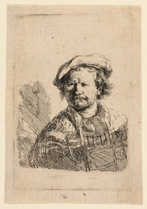 Autoritratto con berretto piatto e abito ricamato da Rembrandt van Rijn