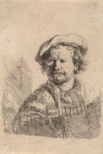 Autoritratto con berretto piatto e abito ricamato, c. 1642 da Rembrandt van Rijn