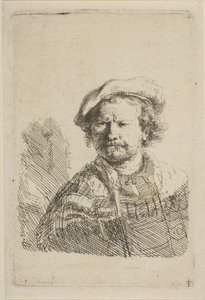 Autoritratto con berretto piatto e abito ricamato da Rembrandt van Rijn