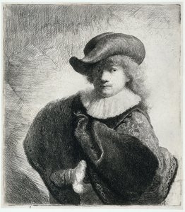Autoritratto con cappello morbido e mantello ricamato