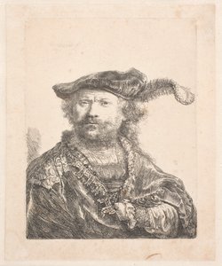 Autoritratto con cappello di velluto e piuma, con un vestito ricamato: busto da Rembrandt van Rijn