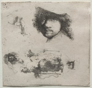 Foglio di studi: Autoritratto, una coppia di mendicanti, ecc., c. 1632 da Rembrandt van Rijn