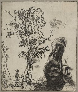 Foglio con due studi: un albero e la parte superiore di una testa di Rembrandt con un vel..., ca. 1642