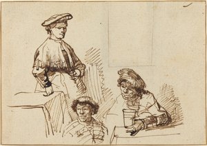 Schizzi da una Taverna: Donna in Piedi e Due Uomini Seduti da Rembrandt van Rijn