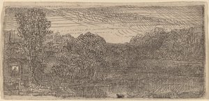 Piccolo paesaggio grigio: una casa e alberi accanto a una pozza da Rembrandt van Rijn