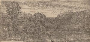 Piccolo paesaggio grigio: una casa e alberi accanto a una piscina da Rembrandt van Rijn