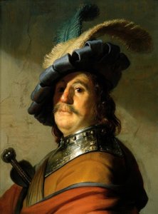 Soldato con collare di ferro e cappello piumato da Rembrandt van Rijn