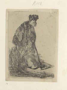Uomo in piedi con un lungo mantello e cappello di pelliccia da Rembrandt van Rijn