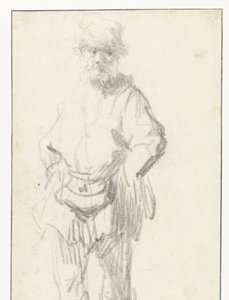 Uomo in piedi con una borsa da Rembrandt van Rijn