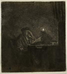 Studente a un tavolo alla luce di una candela da Rembrandt van Rijn