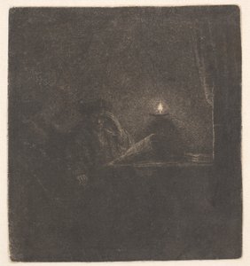 Uno studente seduto a un tavolo alla luce di una candela da Rembrandt van Rijn
