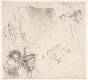 Foglio di studio, tra cui una donna a letto da Rembrandt van Rijn