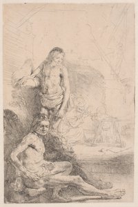 Studi dal vero: un uomo seduto e un altro in piedi; sullo sfondo, una donna e un bambino appena accennati da Rembrandt van Rijn