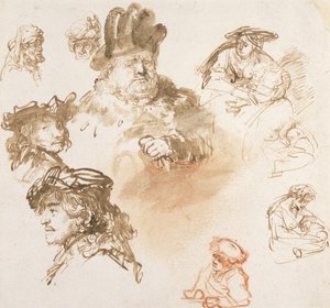 Studi di Teste di Vecchi e Tre Donne con Bambini, c.1635-36 da Rembrandt van Rijn