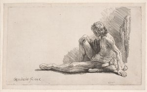 Studio dal nudo: uomo seduto per terra con una gamba distesa da Rembrandt van Rijn