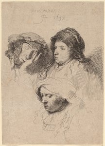 Tre teste di donne, una addormentata da Rembrandt van Rijn
