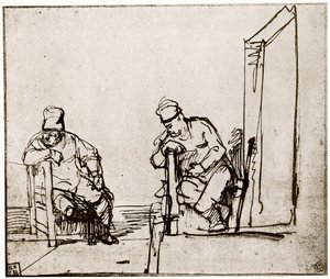 Due uomini seduti a una porta da Rembrandt van Rijn