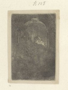 Donna in una porta, parlando con un uomo con bambini (serie: Raccolta di ottantacinque stampe originali) da Rembrandt van Rijn