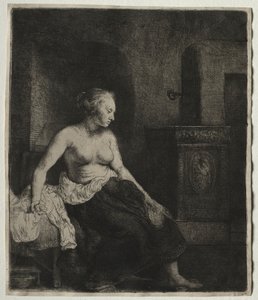 Donna seduta mezza vestita accanto a una stufa, 1658