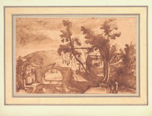 Paesaggio montano con un ponte su un fiume, figure su una strada presso una cascina a destra (inchiostro e lavaggio con gesso su carta)