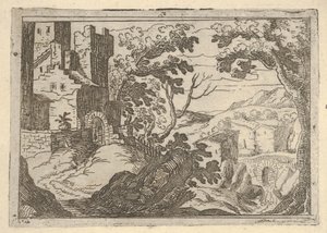 Paesaggio con edifici a sinistra e un ponte a destra da Remigio Cantagallina
