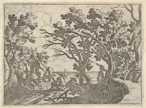 Paesaggio con pescatore a terra e osservatore maschile sotto gli alberi, un uomo in una barca da Remigio Cantagallina