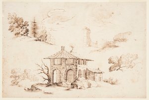 Schizzi di alberi e una casa da Remigio Cantagallina