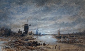 Notte di luna (Paesaggio del canale con mulini a vento e navi)