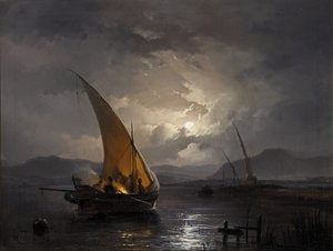 Un paesaggio notturno con una barca a vela dove si accende un fuoco, dopo il 1860