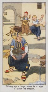 Proverbio orientale: Sollevare una grande pietra è segno che non verrà lanciata (litografia a colori) da René Bull