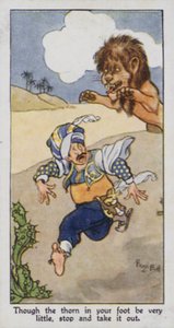 Proverbio orientale: Anche se la spina nel piede è molto piccola, fermati e toglila (litografia a colori) da René Bull