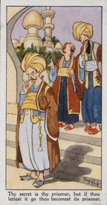 Proverbio orientale: Il tuo segreto è il tuo prigioniero, ma se lo lasci andare diventi il suo prigioniero (litografia a colori) da René Bull