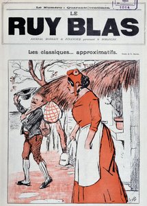 Marianna come contadina, con un fazzoletto in mano, sui gradini della sua casa mentre guarda un uomo che esce per salutarla - Disegno di R. Berger per la copertina di Ruy Blas, 1° gennaio da Rene Berger