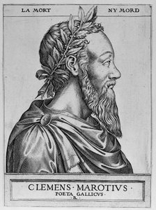Ritratto di Clement des Marets detto Marot, poeta francese - Clement Marotius poeta gallico incisione di Rene Boyvin 1576