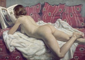 Nudo su un divano rosa