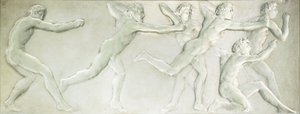 Pannello figurativo in vetro modellato raffigurante sei atleti maschi nudi da Rene Jules Lalique