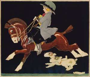 Ragazza che cavalca un pony veloce, con cani al seguito