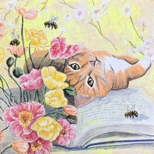 Un gatto tra i papaveri da Renee Machan Cottagecore Artist