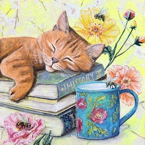 Gatto addormentato tra i libri da Renee Machan Cottagecore Artist
